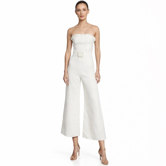 Alexis Pants - ALEXIS Linen Strapless Wide Leg Jumpsuit Cream Ruffle Top XL (no belt)